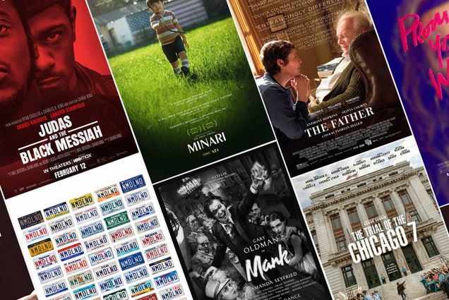 A composite of movie posters of 2021 Oscar nominees including Judas and the Black Messiah, Minari, The Father, Mank, Nomadland, and the Trial of the Chicago 7