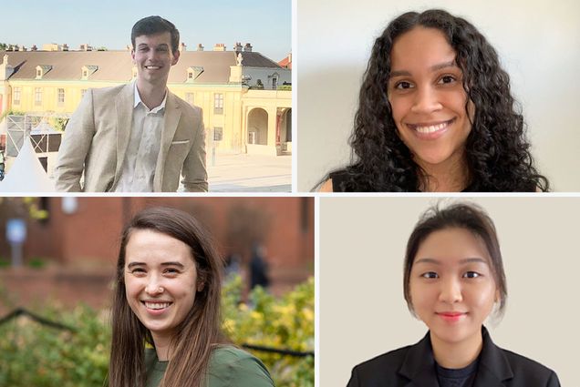 Composite image of headshots of, starting top left and moving clockwise, Eliot Usherenko, Marielis Rosa, Manisha Cole and Jenny (Hyo Jin) Shin (SPH’21).