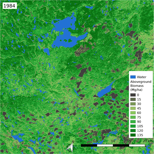 A gif animation of showing changes in forest biomass in a region of British Columbia that experiences frequent timber harvests