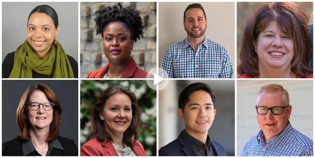 Composite image showing headshots of 波士顿大学 staff members Amanda Miner, Keesa McKoy, Brian Batista, Barbara Foley, Renee Spencer, Ira Lazic, Matthew Bae, and Bill Taylor with a video play button icon