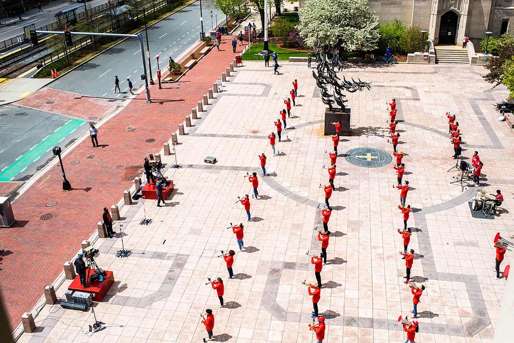Aerial photo the BU band performing at Marsh Plaza during Senior Brunch on April 30, 2021.