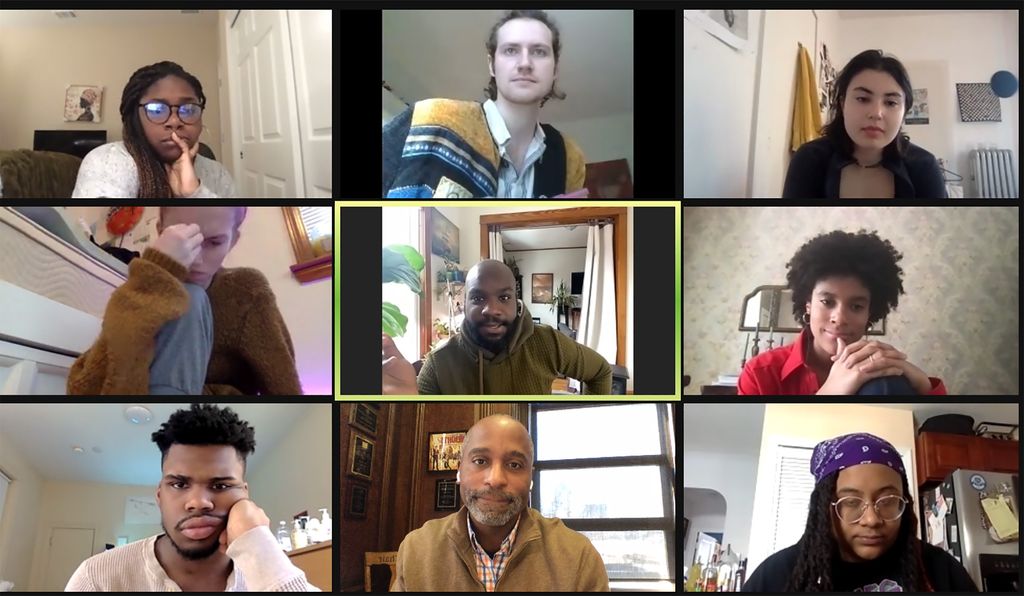 Screenshot for a zoom class in which playwright Ike Holter (center square) came to speak to students.