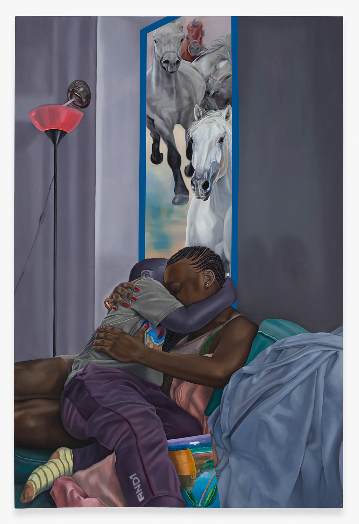 In this painting, a young Black child and mother embrace on a couch in what looks like the living room of their home. Behind the couch, a long painting of horses hangs, and a pink lamp is seen in the background. The tones of the painting are muted and the folds of the blankets and clothes are realistically textured.