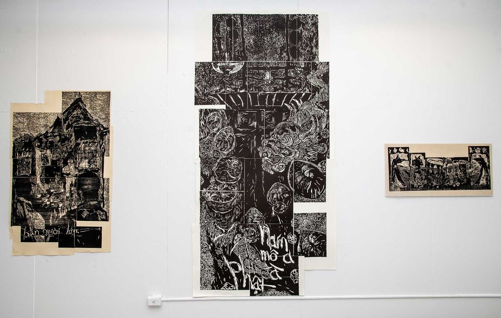 Wood-cut prints by Mai-Han Nguyen (CFA ‘21) exploring Nguyen’s relationship with her Vietnamese culture. The prints are in dark black ink and feature forms of a dragon, foliage and bowls of food, and architectural features conveyed in sketchy, repetitive lines.