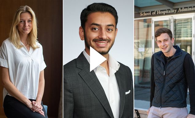 A composite image of Mackenzie Miers, Marut Raval, and Solomon Frey. A white video play button is overlayed.