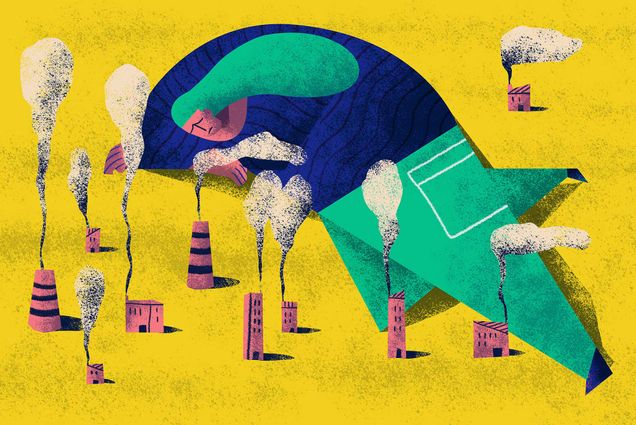 Concept illustration of a person with ecoanxiety and depression caused by global warming fear. A person with green pants and a blue shirt lays in a bed of smoke stacks.