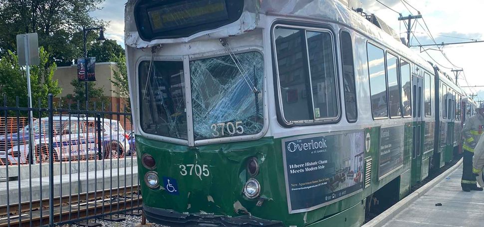 One of two MBTA Green B Line Cars damaged in a collision.