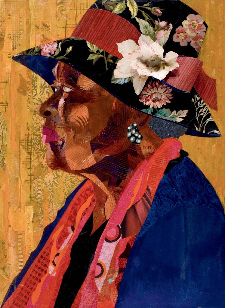 Photo of an illustration entitled , “Sufficient Grace: Ms. Ivy Beckles” which was inspired by a photograph of a stranger Holmes took at a local restaurant. In the illustration, an older woman with a purple hate decorated with flowers and a floral print looks off the left. The illustration is made with both paint and collage.