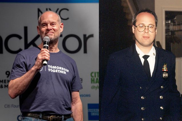 Composite image of Jay Winuk and his brother Glenn Winuk. At left, photo of Jay Winuk, at an event that passed out meals to people in need in 2019, speaking into a microphone. He wears a grayish blue t-shirt that reads “Tomorrow together.” At right, photo of a printed photo of Glenn Winuk in a blue dress uniform. He wears large circular glasses.