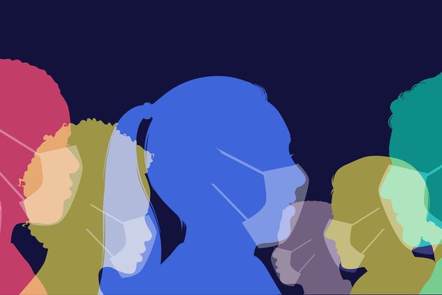 Illustration of a group of people facing different directions wearing masks. Each head and mask is translucent and of different colors on a dark blue background.