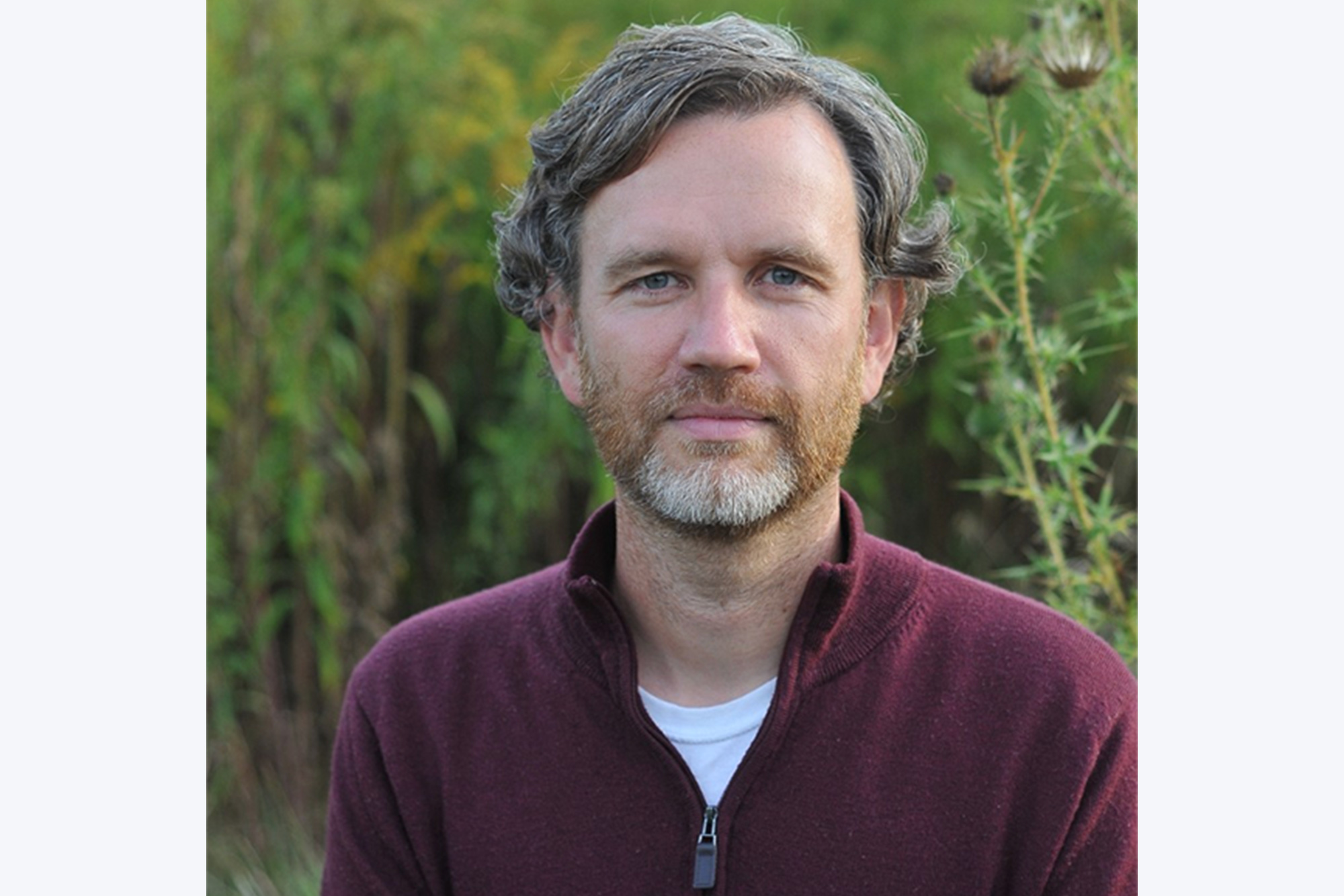 Headshot of David Jones wearing a maroon pull over and standing in front of some greenery. He slight smiles and has salt-and-pepper hair.