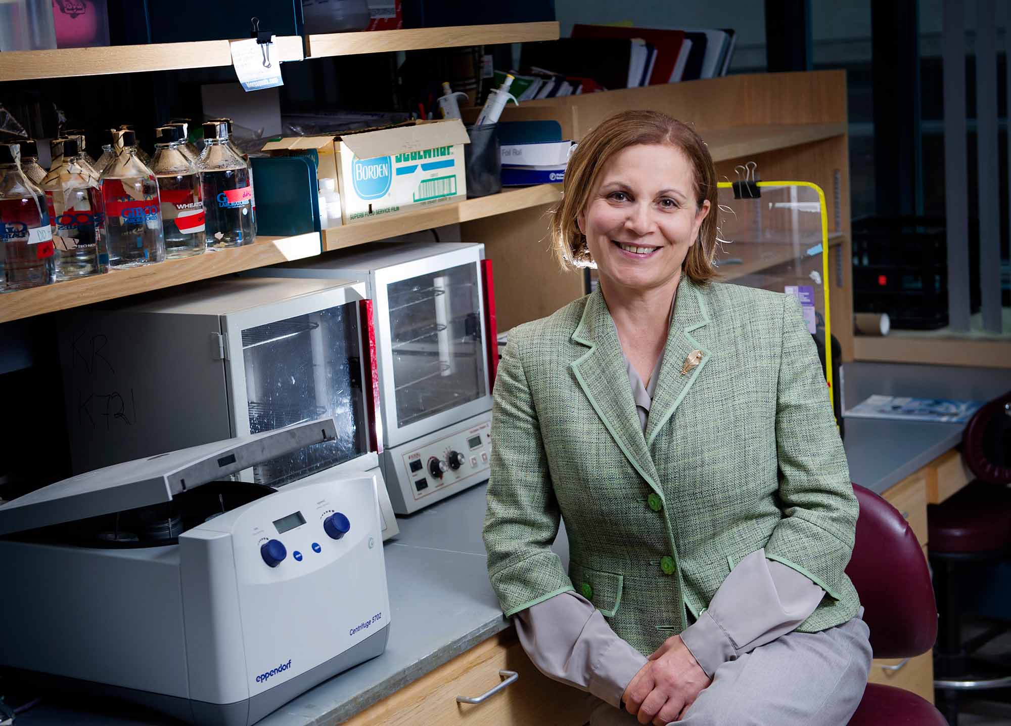 Katya Ravid, cardiovascular and disease expert, sitting in her lab at Boston University School of Medicine.