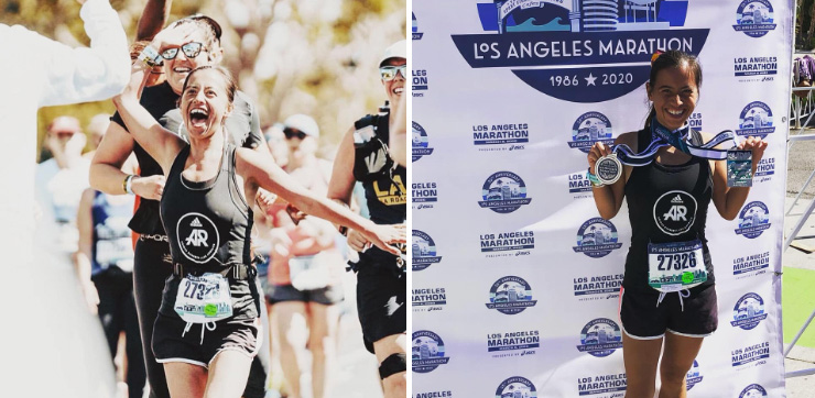 Composite image of Nicole Homerin giving a high-five while running the Los Angeles Marathon, and posing with her medals after finishing the Los Angeles Marathon.