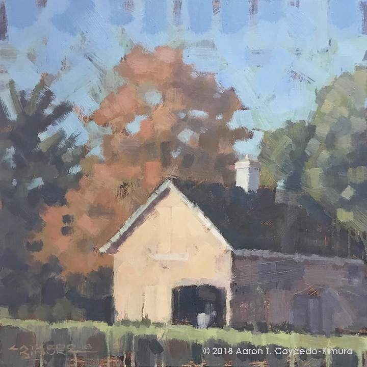 a painting of a farm barn with fall leaves in the background painted by Aaron Caycedo-Kimura