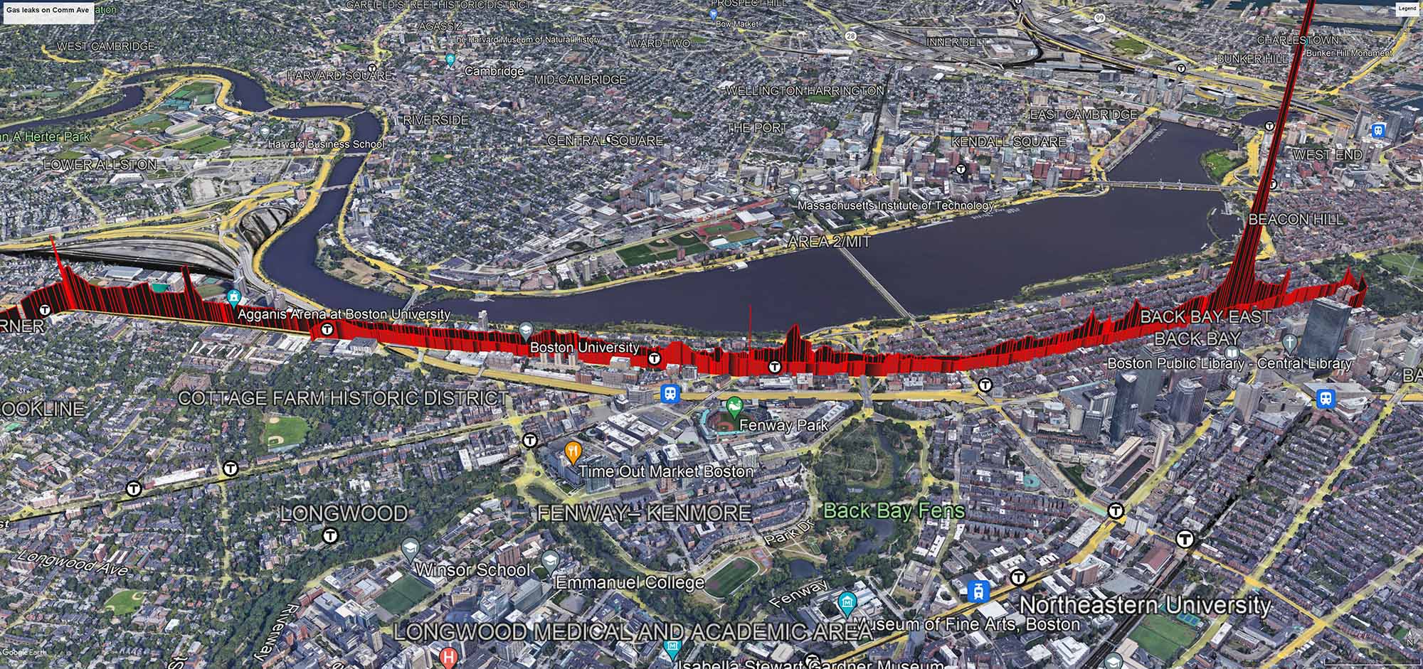 Overhead image generated using Google Earth of the gas leaks along Comm Ave; as seen is the Charles River and Cambridgeport. The gas leaks are visualized as red lines emerging from Comm Ave; the whole street appears to have gas leaks.