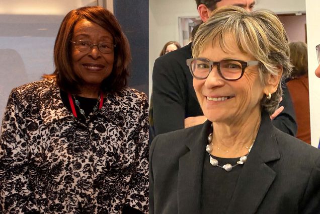 side by side photos of trailblazer Esther Hopkins and artist Peri Schwartz. Hopkins smiles and looks at camera as Schwartz looks to left and smiles to someone off camera.