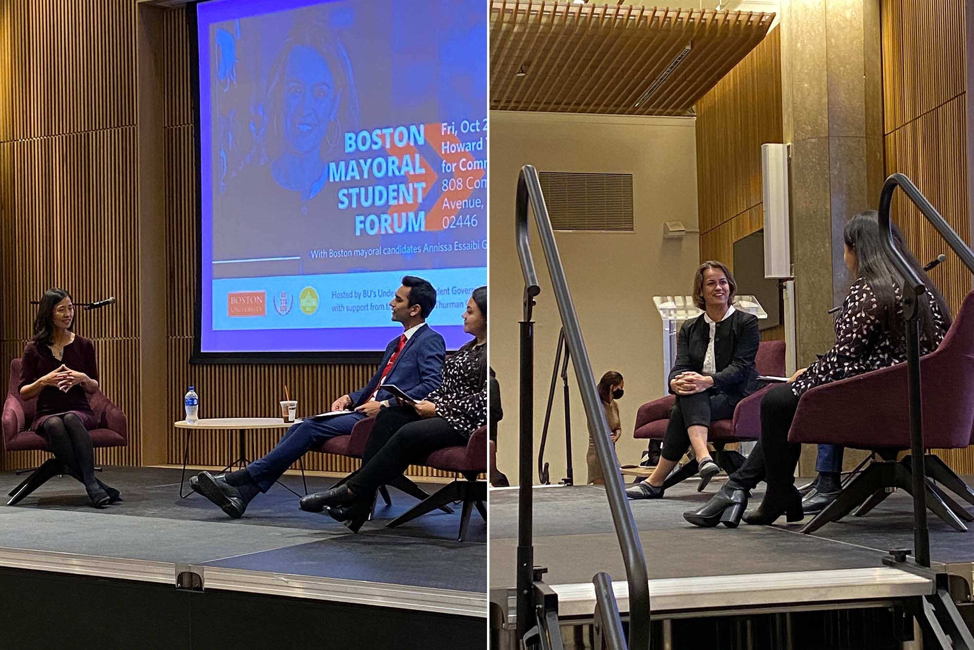 Composite image. At left, sits Michelle Wu, who wears a purple dress, and speaks with Hessann Farooqi (CAS '22),vice president of StuGov, and Gabriela Ramirez (CAS '23), deputy director of City Affairs. Behind them, a screen with a blue poster for the "Boston Mayoral Student Forum" is seen. At right, is a photo of Annissa Essaibi George talking with Ramirez. She smiles and wears a black blazer and pants.