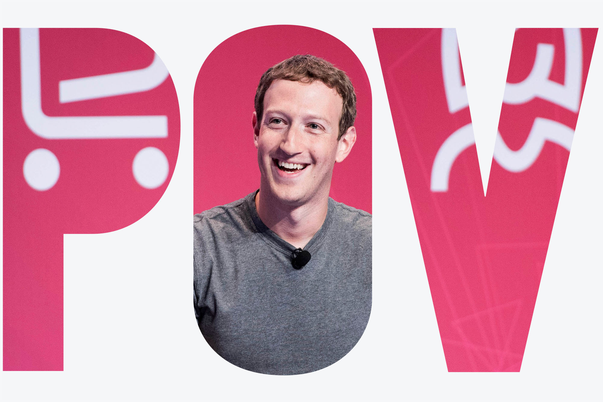 photo of CEO Mark Zuckerberg announcing that Facebook is changing its corporate name to Meta. Smiling and wearing a grey shirt, he looks to the left and laughs. He sits in front of a rose-colored background with white icons of a shopping cart and female person behind him. Image seen through POV overlay.