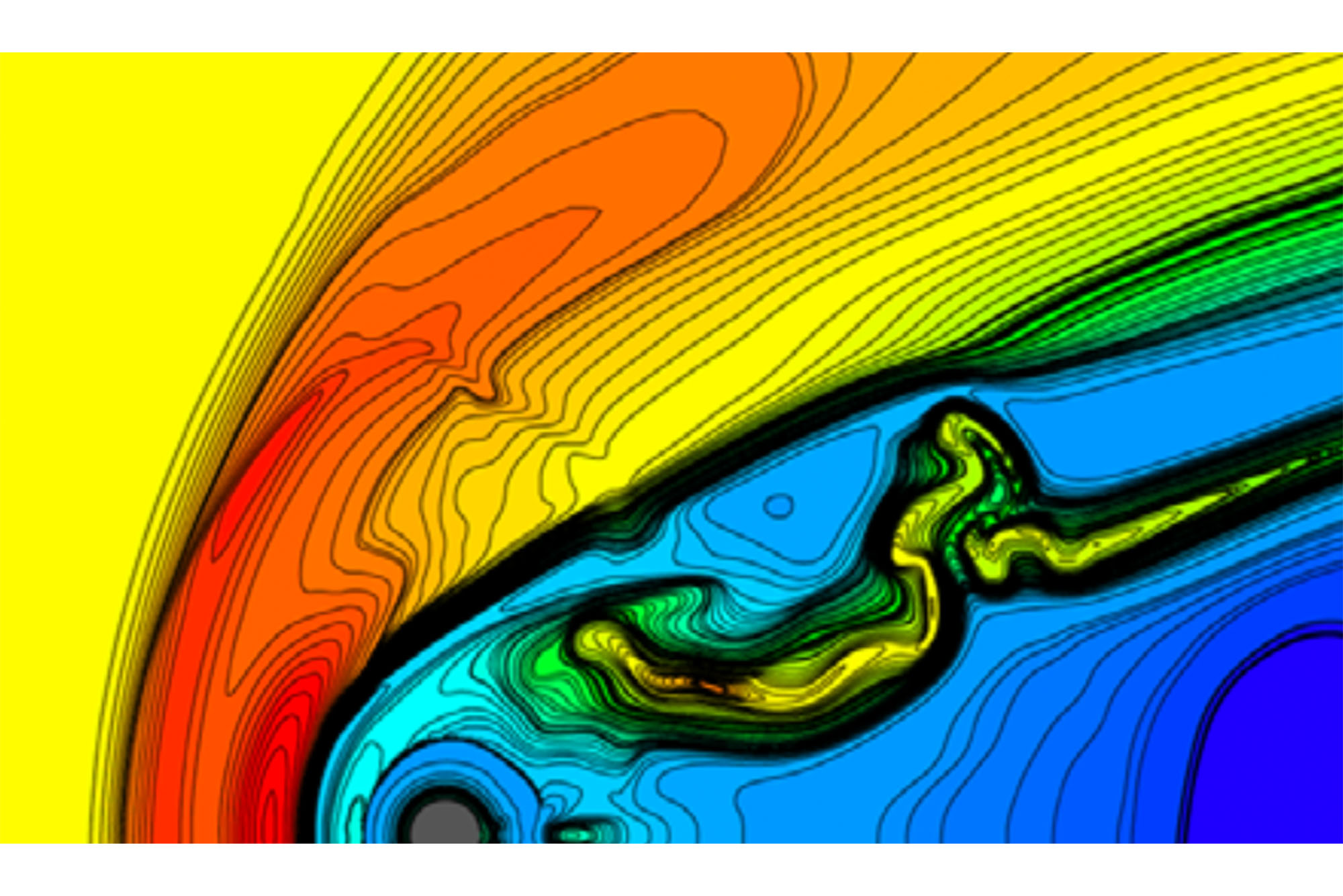 a model of a heliosphere magnetic field. image shws a rainbow of colors winding and intersecting as if in water.