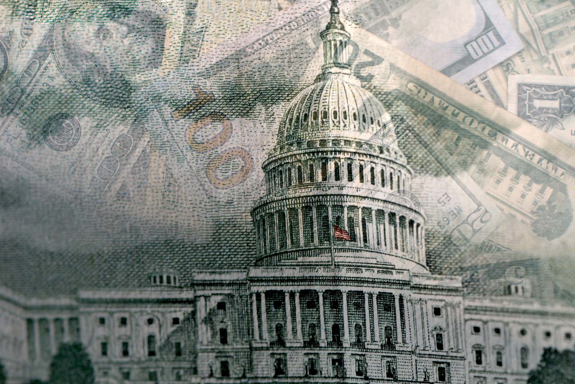 Composite image of the US capitol with US Dollars overlayed. Photo by iStock/Douglas Rissing