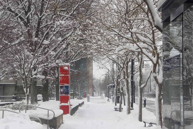 Street view photo of an empty 波士顿大学 East campus covered in snow on a snowy day.
