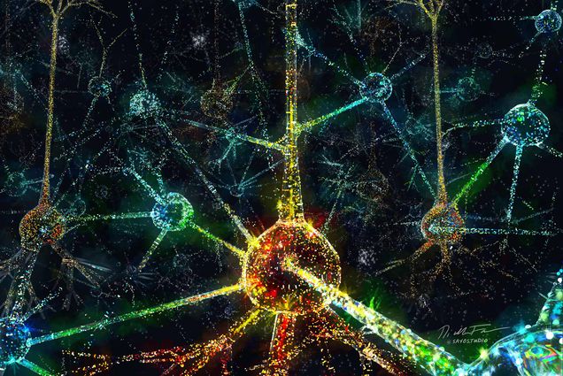 Abstract illustration of circuit hubs in the brain. A series rainbow colored networks are seen on a black background.