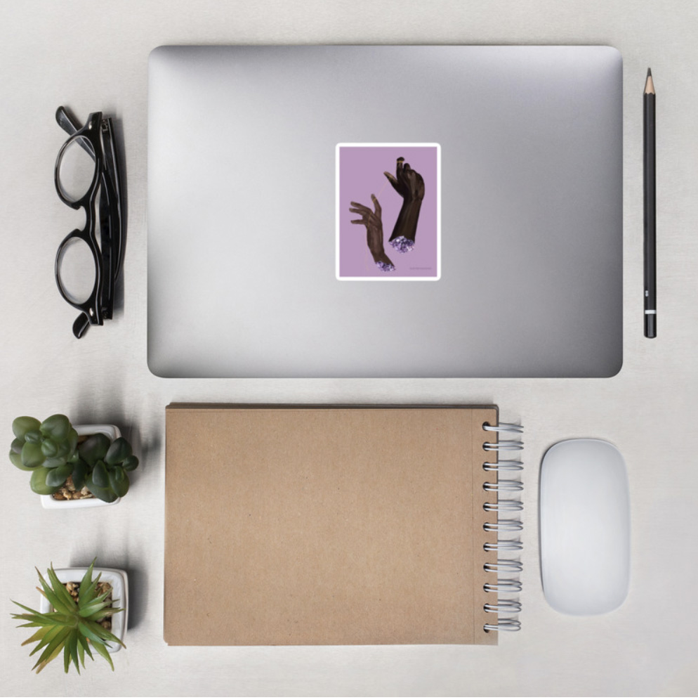 realistic illustration of an overhead pov of a desk featuring a Macbook, tan notebook, Apple mouse, black glasses, two succulents, and a pen.