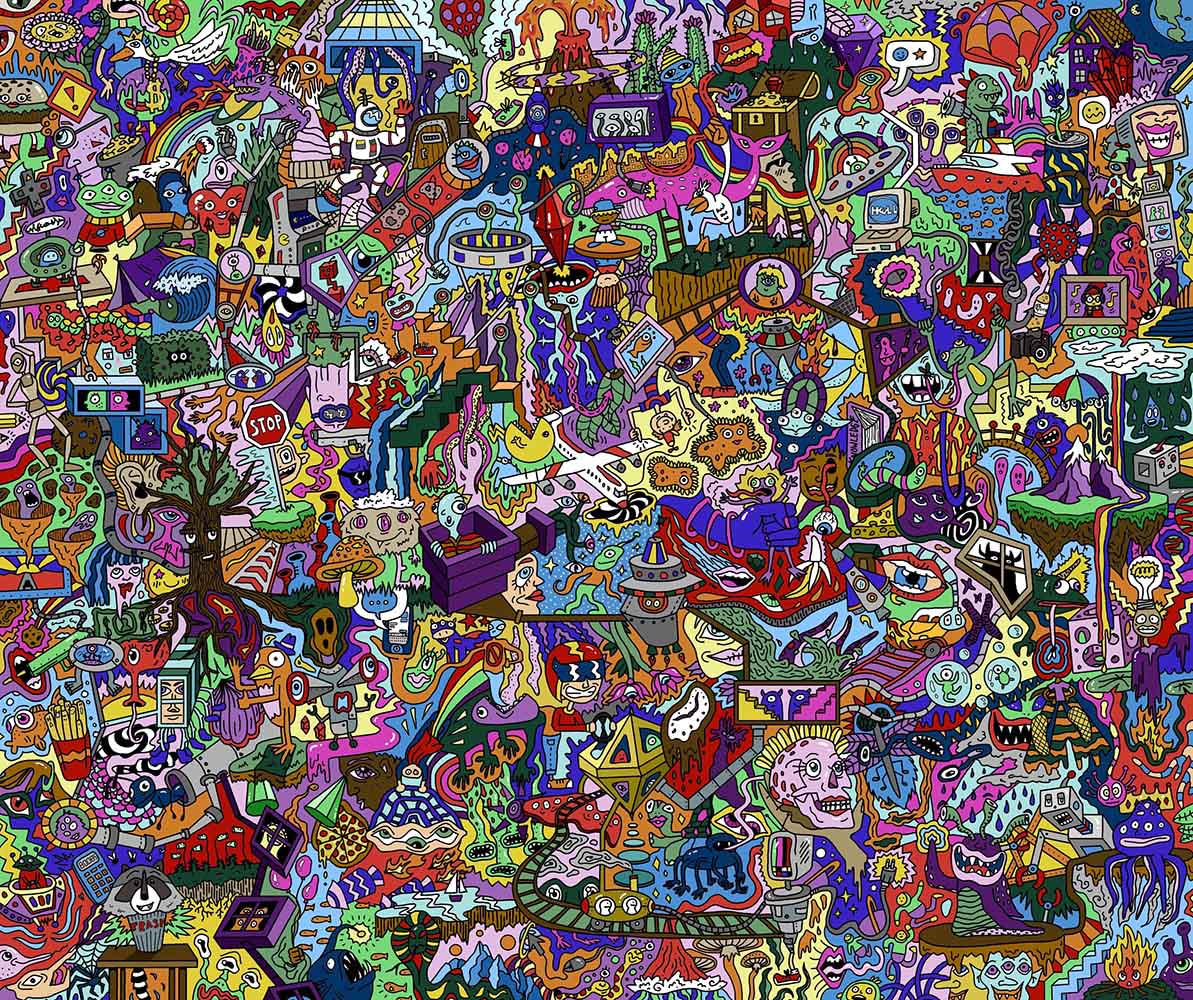 Art piece featuring a large cartoon network-esque collage of a variety of cartoon people and objects.