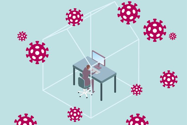 Vector illustration of a business person sitting at a desk in the middle of a clear, glass house. /the outside is filled with cartoon vector depictions of the coronavirus
