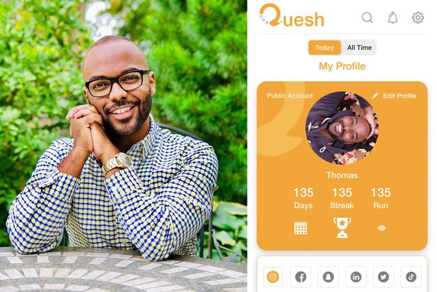 Composite image. At right, Photo of Thomas Andrews in a white and blue patterned button-down shirt with his hands clasped. He is a young man of color with black-rimmed glasses, smiling, as he sits at a patio table. At left, a screen shot of the OneQuesh app. Photo of Andrews' profile on the OneQuesh app. His photo appears at the top of the profile, next to the words "Public Account" and "edit profile." Below his photo is written: "Thomas. 135 days, 135 streak, 135 run." Below that, the instagram, facebook, snapchat, linkedin, twitter and tiktok icons are seen in gray.