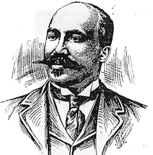 Image: A drawing of a portrait of Hewlett, a Black man with a suit and a strong mustache.