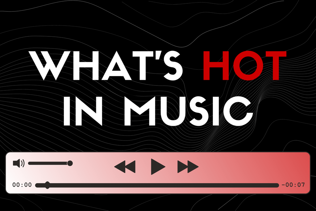 Image: Black graphic features white and red letters that read "What's Hoy in Music" with the "hot" being red and all other letters white. Below the title, a white and red gradient colored slim music player is shown. Music player has triangle play, rewind, and fast forward buttons in black. Music progress bar and volume controls are also shown in black.