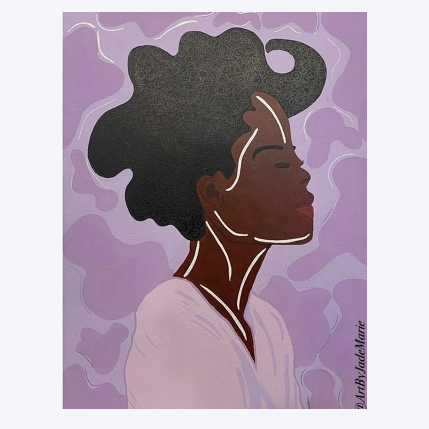 Painting by Jade Nortey, featuring an abstract portrait of a Black woman with wavy flowing hair. She smiles contently in front of a purple and pink swirling background.