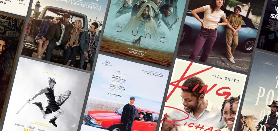 Composite image of the following movie posters on a dark gray background: Belfast, CODA, Don't Look Up, Drive My Car, Dune, King Richard, Licorice Pizza, Nightmare Alley, The Power of the Dog, West Side Story"