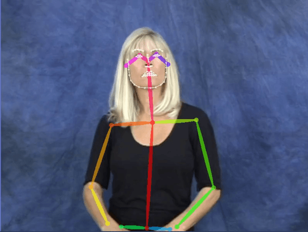 Gif of a woman signing. Her face and body are outlined by colorful lines showing how AI might recognize the signs she makes.