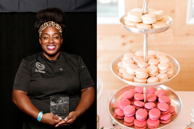 Composite image: at left, Photo of Pastry chef Tie Whittaker (MET’12), owner of dessert company Buttermilk Boutique, holding an award. Whittaker is a young Black woman, wearing a black chef's jacket and cheetah print headband, smiles as she holds the glass award in her hands. At right, a photo of a three-tiered tower of macarons, with bright pink ones in the bottom tier and pale pink ones in the upper two tiers.