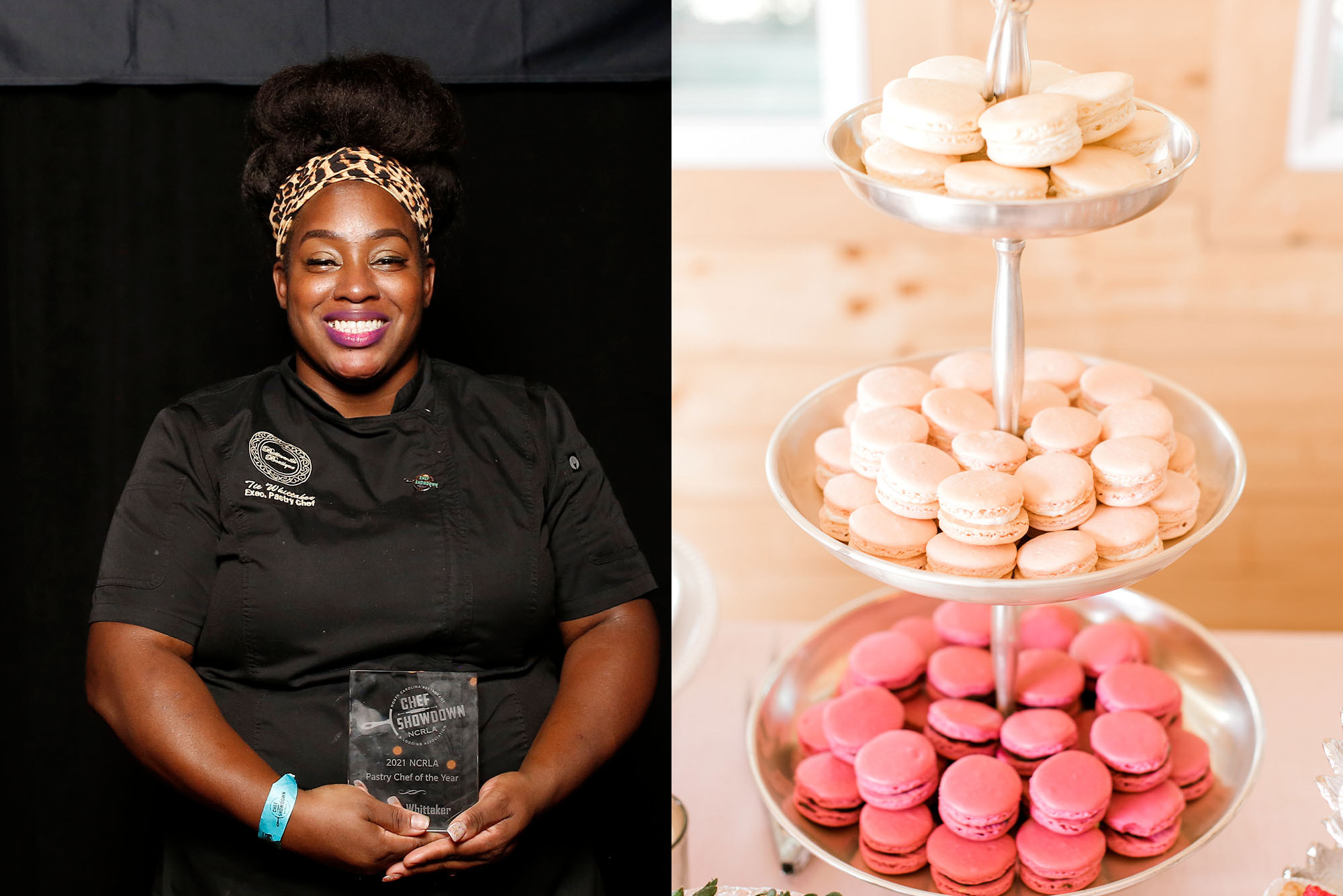 Composite image: at left, Photo of Pastry chef Tie Whittaker (MET’12), owner of dessert company Buttermilk Boutique, holding an award. Whittaker is a young Black woman, wearing a black chef's jacket and cheetah print headband, smiles as she holds the glass award in her hands. At right, a photo of a three-tiered tower of macarons, with bright pink ones in the bottom tier and pale pink ones in the upper two tiers.