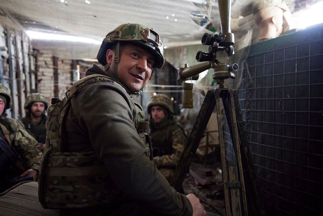 In this handout photo, Ukrainian President Volodymyr Zelenskyy pays a visit to the front line in Donetsk region, eastern Ukraine, February 17, 2022. Ukrainian Presidential Press Office via AP