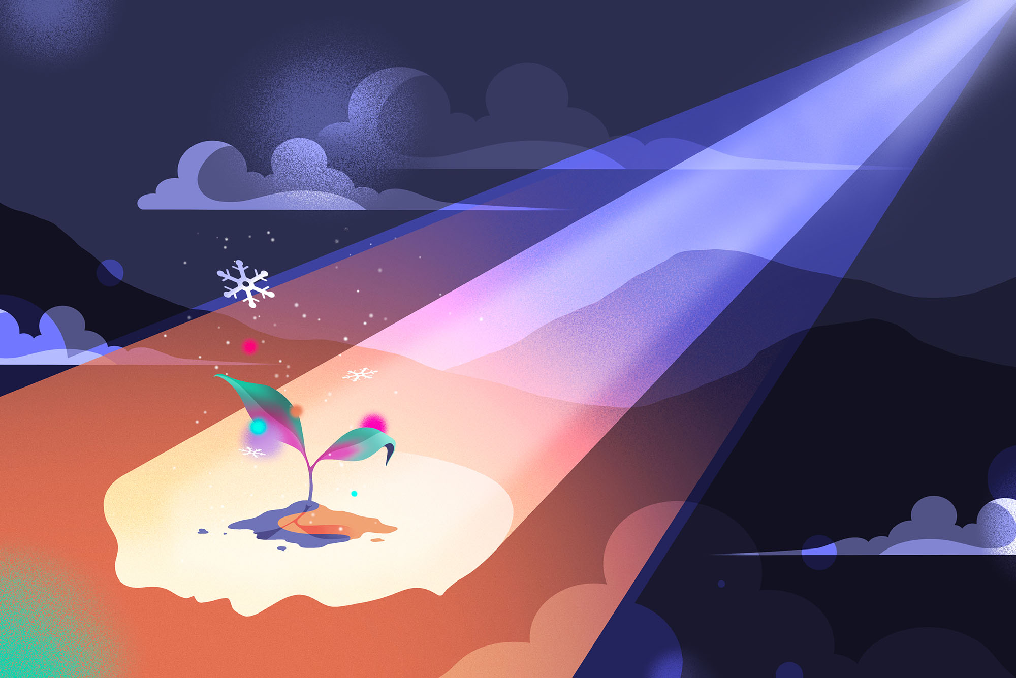 Sci-fi looking computer illustration of a bright blue light coming from somewhere in a dark sky and shining down a technicolor plant that is in bloom. A few swirling clouds are in the sky and there are a few snowflakes around the plant sprout.