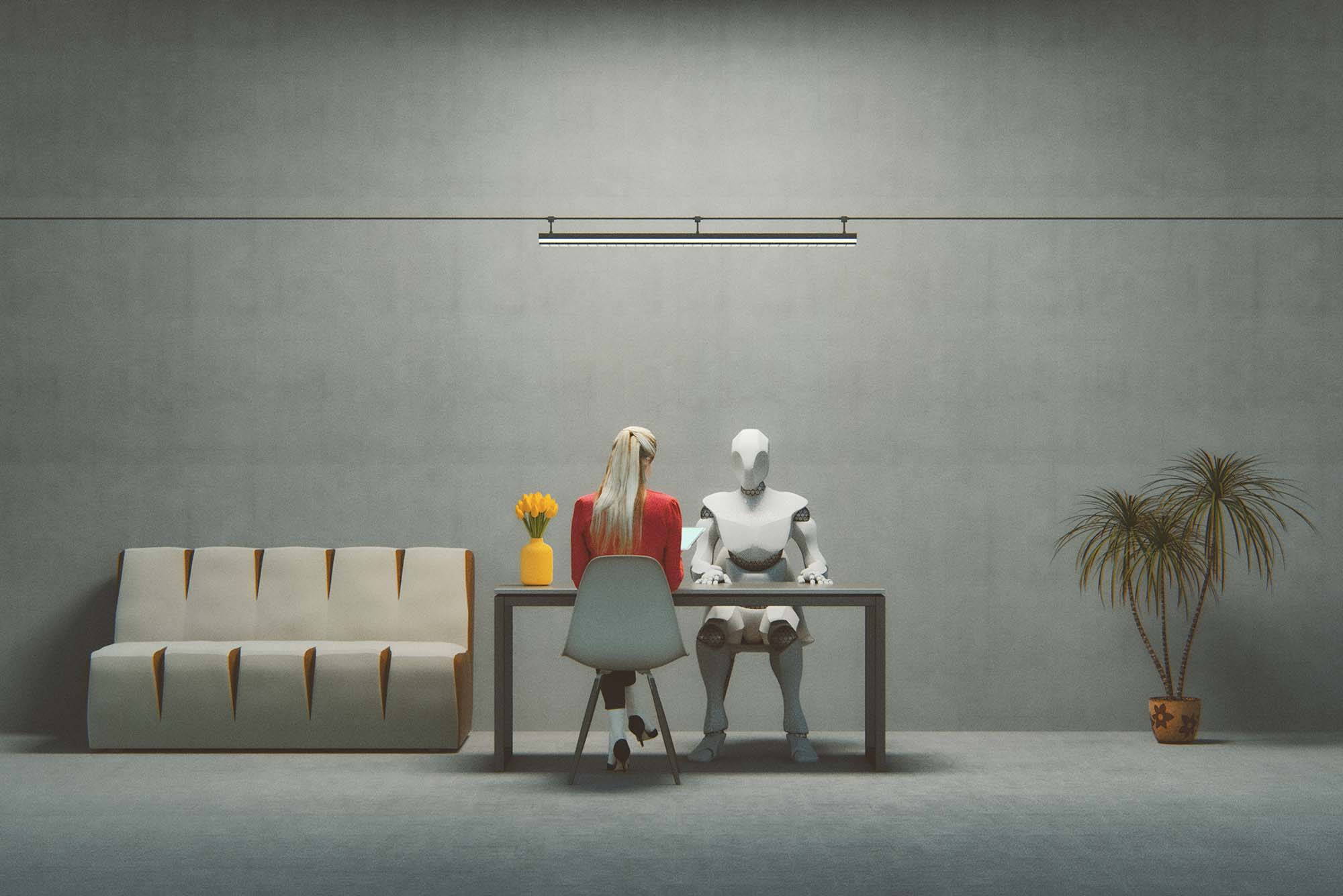 Photo of futuristic cyborg, with white and gray arms and legs, interviewing a job applicant, a woman with a red sweater and blonde hair. The image is 3-D generated. The cyborg and candidate sit at a desk in a sparse gray room.