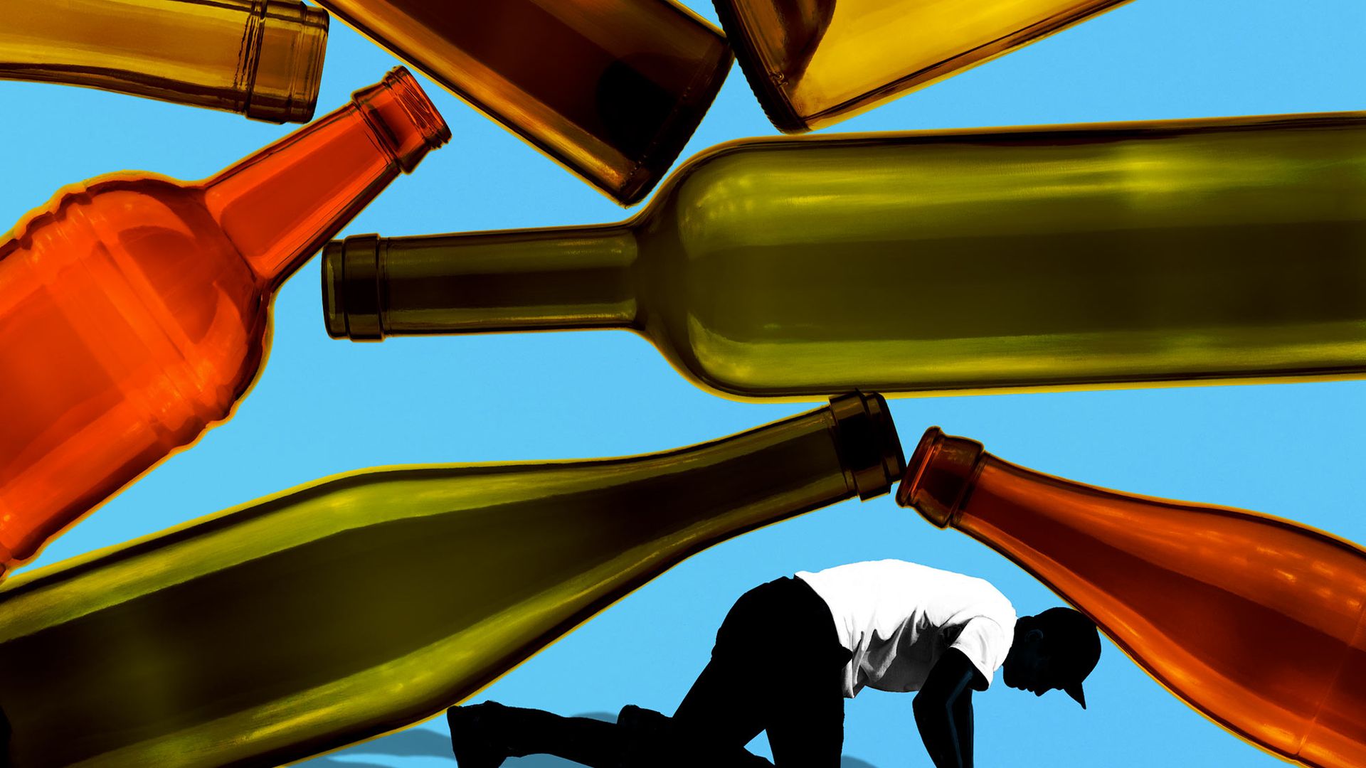 Illustration of a bunch of differently colored beer bottles stacked on top of an illustrated figure crawling across the ground. The background is bright blue.