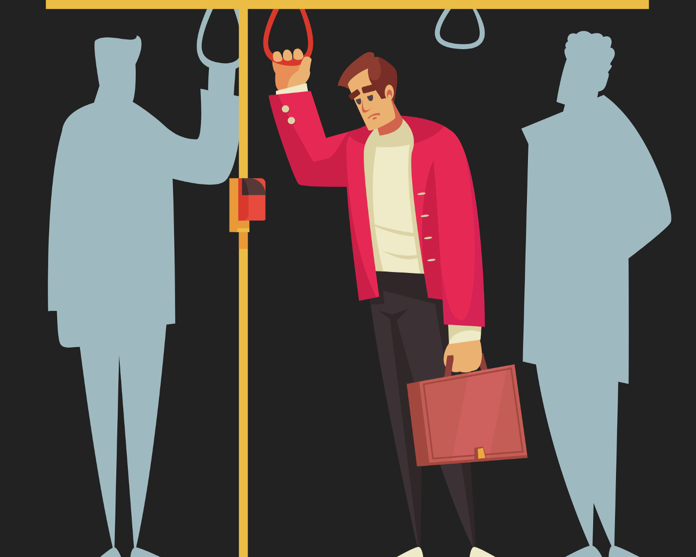 Vector illustration of a man on a bus holding a hand rail and looking glum/down. People around him are shown as shadow silhouettes.