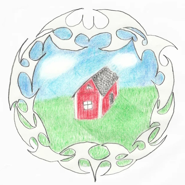 Album cover for Bladee and Ecco2k's "Crest". cover shows a colored pencil drawing of a red barn house inside a circle made of spikes.