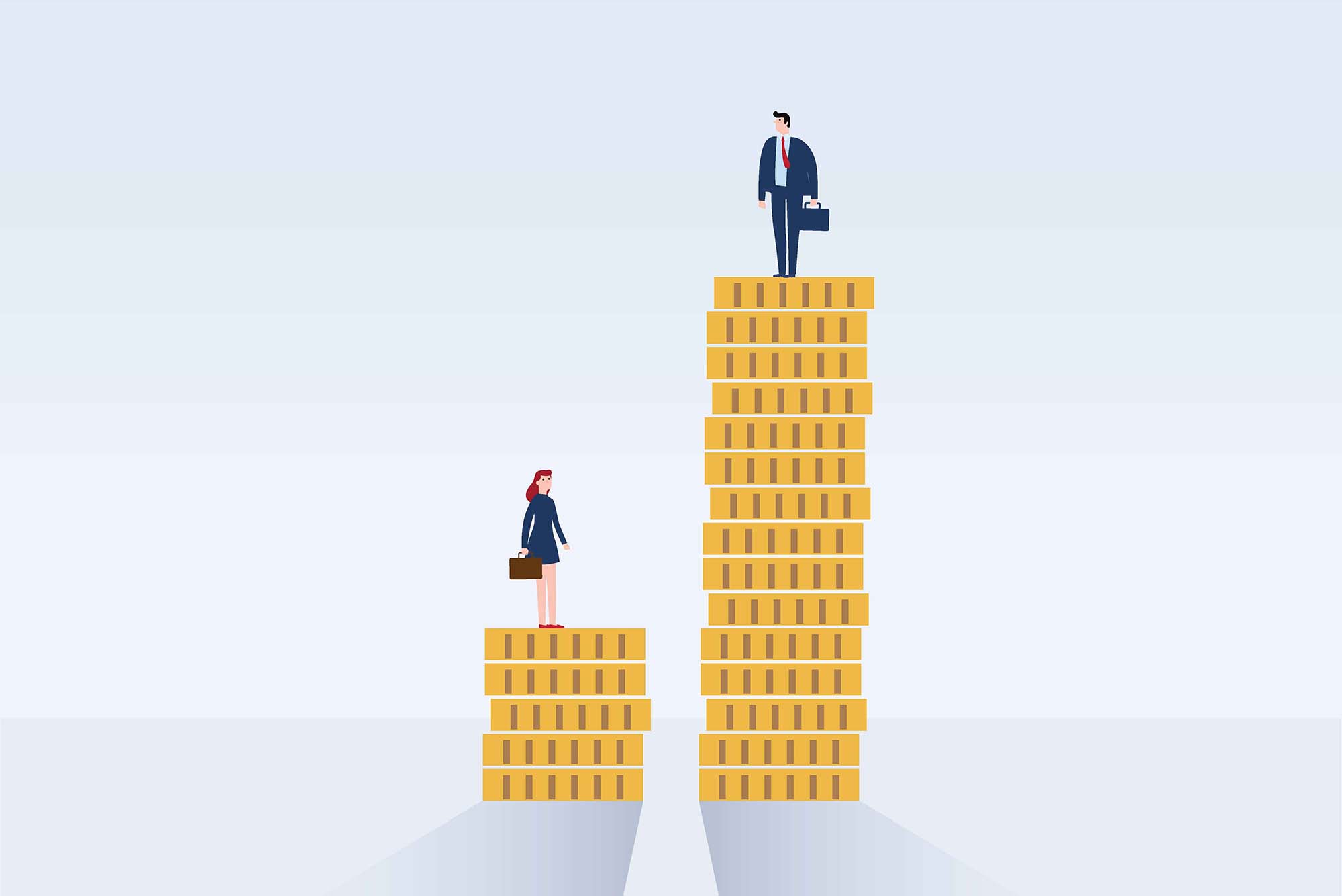 Illustration of a women in a suit with a brief case standing on top of a small stack of gold coins. At right, a man in a suit with a brief case stands on a stack of coins almost three times as high. Background is gray and the shadow of the coin stacks are seen in front of stacks.