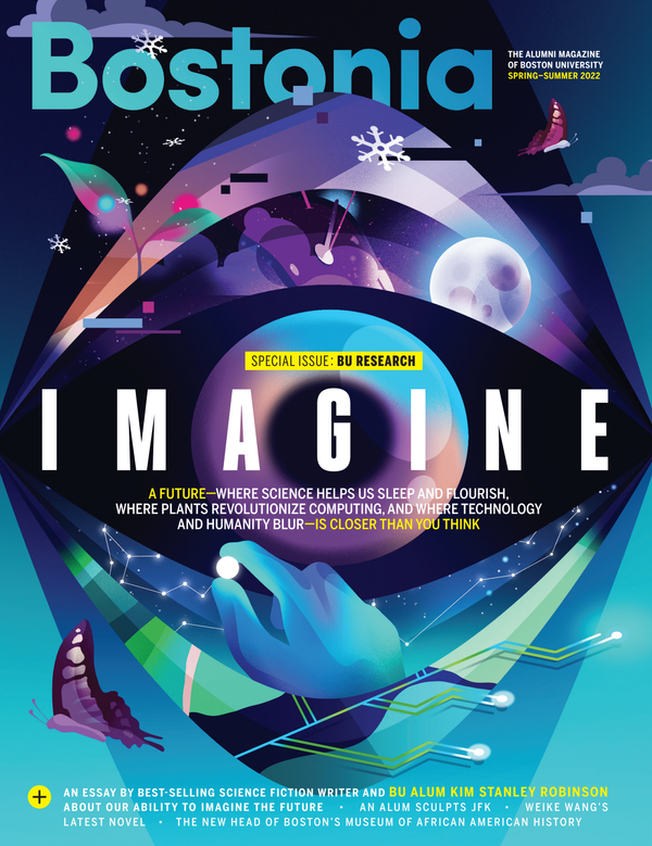 The cover of the Bostonia Spring-Summer issue that reads "Bostonia" "Special Issue: BU Research" and "Imagine" in large text. There are multiple long paragrahs of much smaller text.