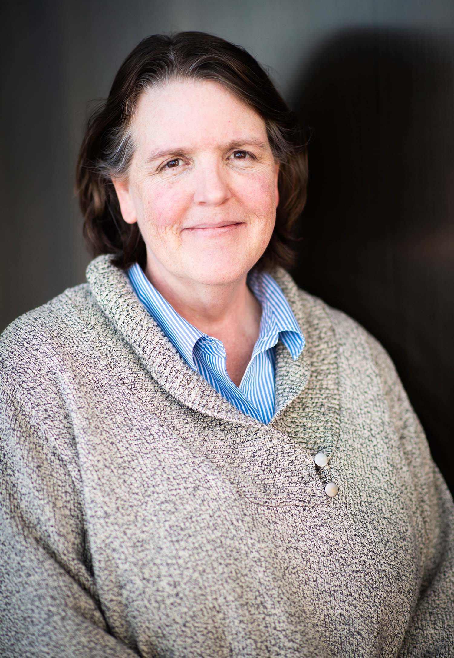 Photo of Metcalf winner Leslie Dietiker, an older white woman with short brown hair with some gray streaks in it. She slightly smiles, and wears a thick, gray sweater and striped blue shirt. She stands in front of a dark gray background.