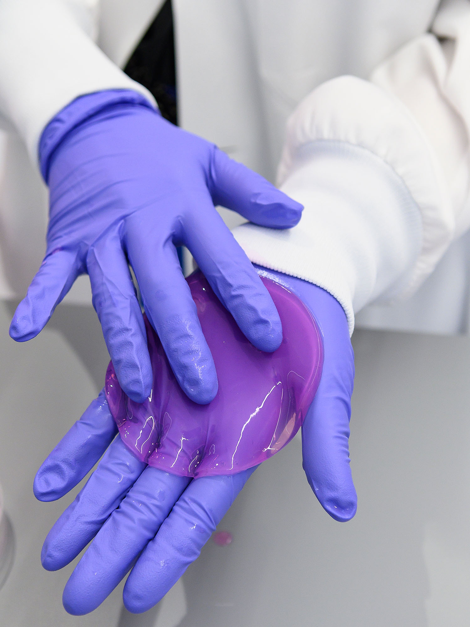 Photo of a person wearing lavender medical gloves holding a small, jelly-like circle that is purple in color. Presumably this is one of what satellite bio calls their "tissue therapeutics."