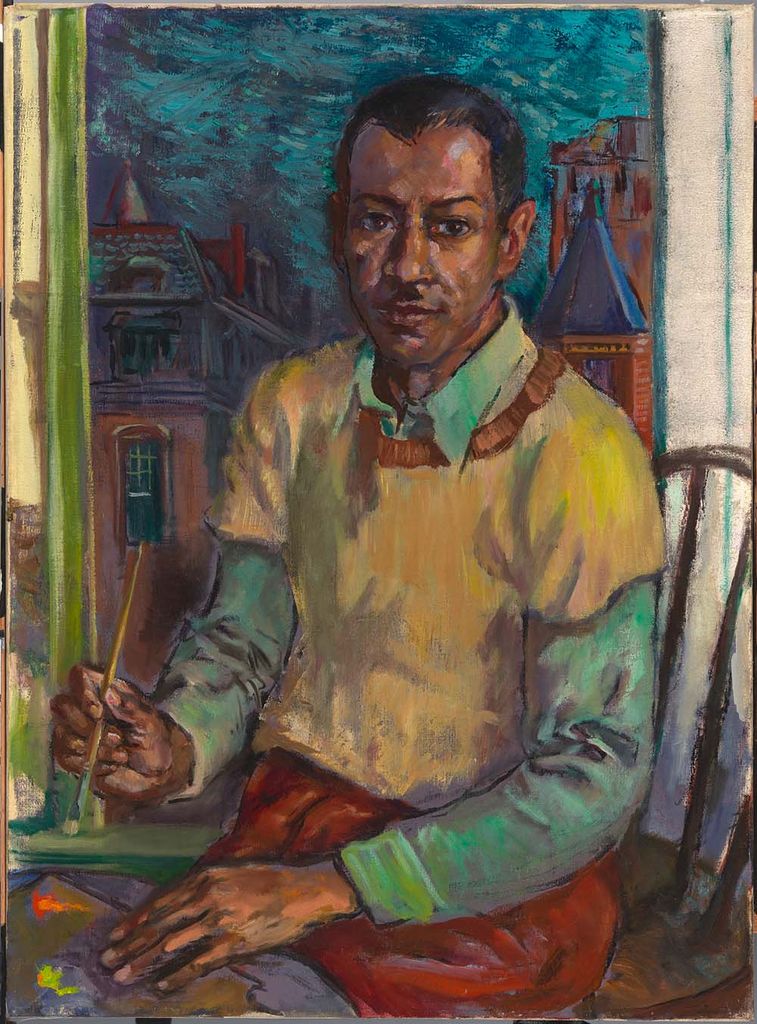 James Amos Porter Self-Portrait. In the painting, Porter sits with a yellow sweater and a collared shirt underneath tinted green with a paint brush in his hand. Porter is a youngish Black man who slightly smiles. In the window behind him, you can see a tower and the top of a fancy building. The style is realistic and impressionistic with large visibly brushstrokes.