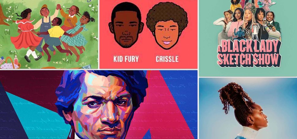 Collage: Images of 5 Black media arranged in two rows. Tp row of 3 shows cover of "The Juneteenth Story: Celebrating the End of Slavery in the United States", podcast art for "The Read" podcast, and poster for "A Black Lady Sketch Show". Second Row has promotional artwork for "Frederick Douglass: In Five Speeches" and album cover of Koffee's "Gifted".