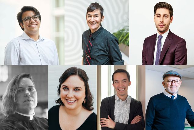 Collage: Composite image showing headshots of various Boston University alumni in two rows, one of three and the bottom of four. From left to right, top to bottom, portraits show: Julian Burlando-Salazar, Litav Langley, Ben Levine, Kori Pacyniak, Sarah Prager, Tyler Sit, and John Ward.